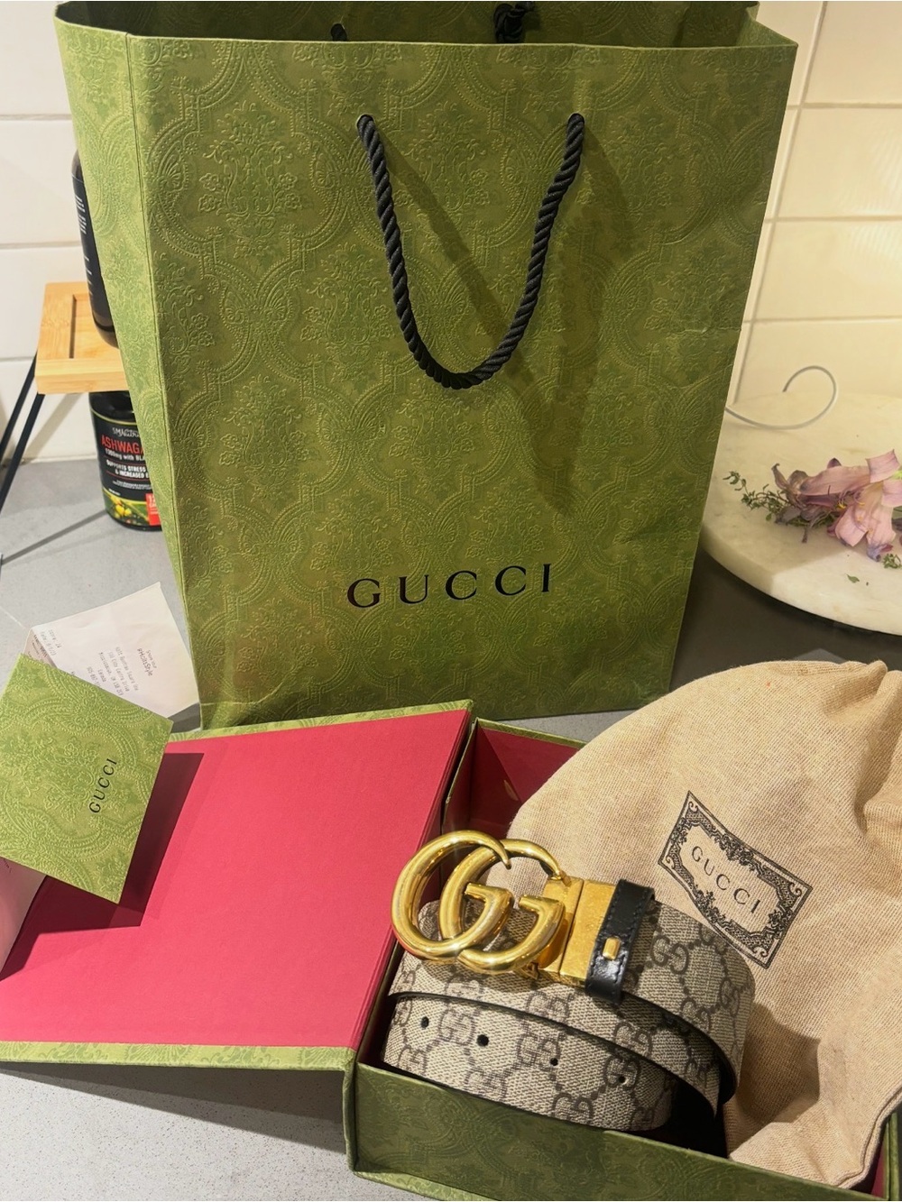 GUCCI Reversible Monogram GG Canvas Belt with Gold Double G Buckle - Picture 3 of 4